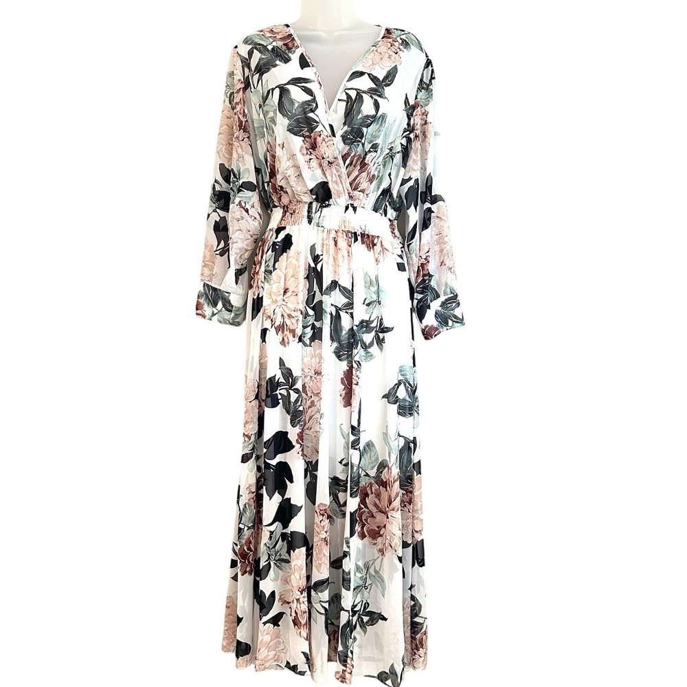Alexa B Nites Floral Maxi Dress Sz 14W Sheer Balloon Sleeve Romantic Flowy